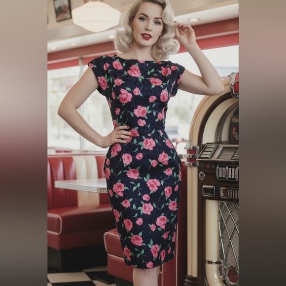 Vintage Dresses & Skirts - Stunning vintage satin rose print midi dress size XS